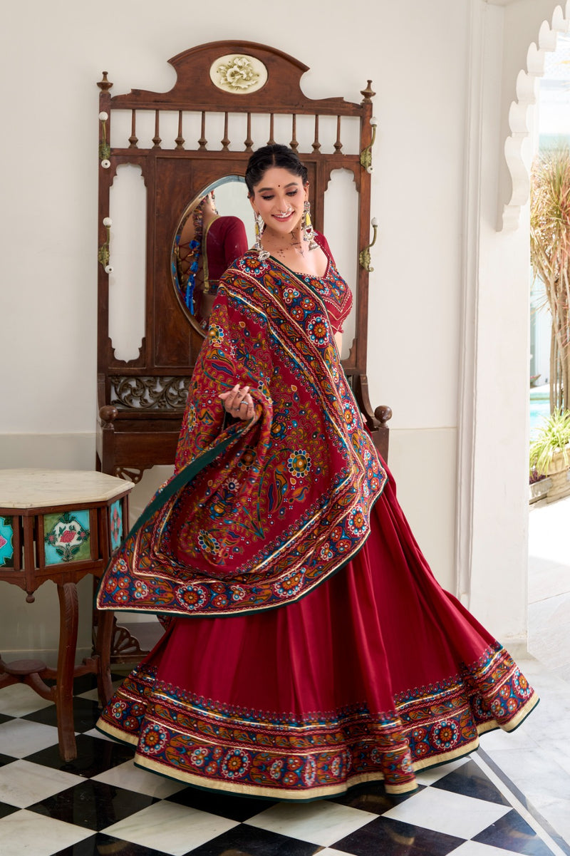 Womenline Red Color Tussar Silk Full Stitched Navratri Lehenga Choli