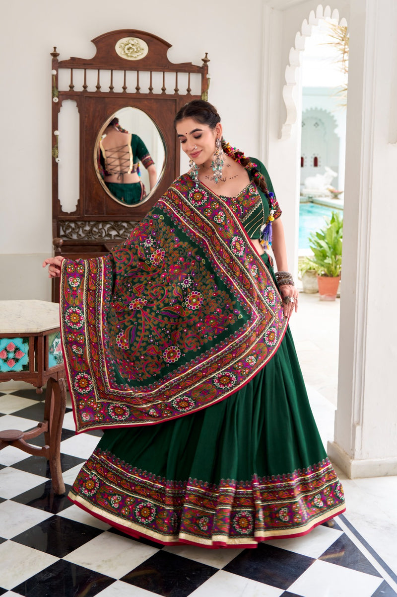 Womenline Green Color Tussar Silk Full Stitched Navratri Lehenga Choli