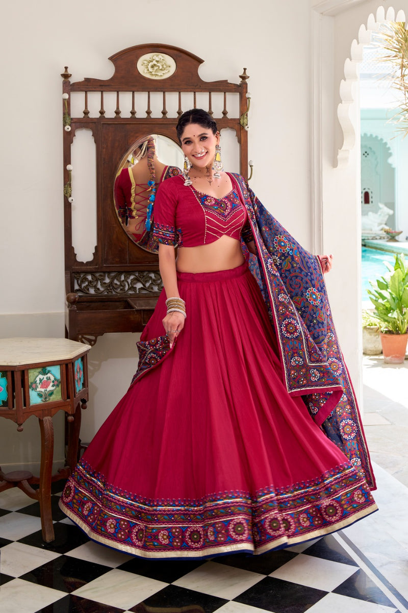 Womenline Pink Color Tussar Silk Full Stitched Navratri Lehenga Choli