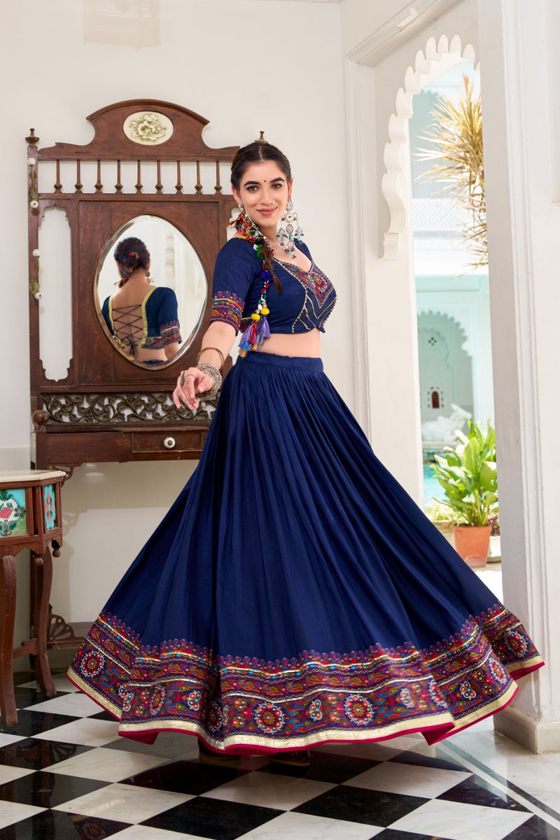 Womenline Navy Blue Color Tussar Silk Full Stitched Navratri Lehenga Choli