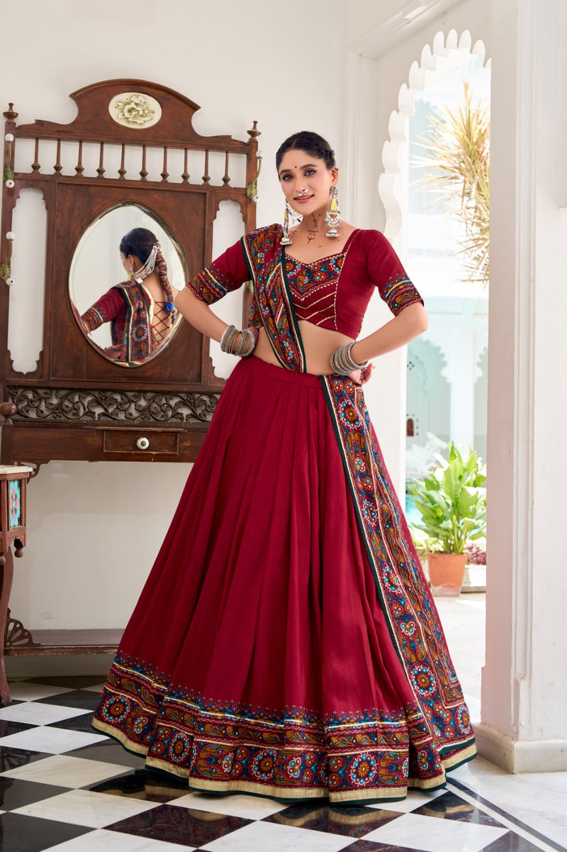 Womenline Red Color Tussar Silk Full Stitched Navratri Lehenga Choli