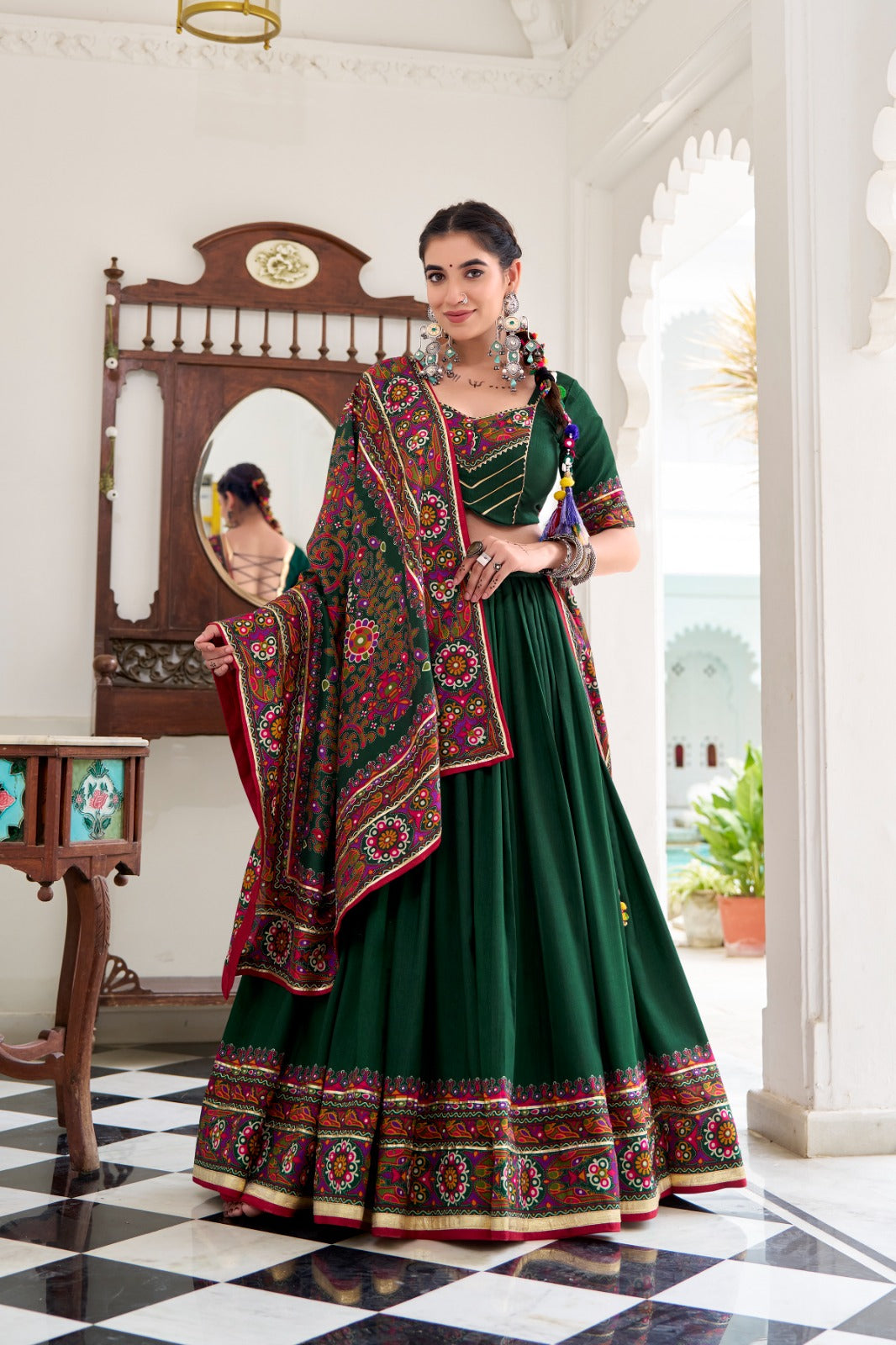 Womenline Green Color Tussar Silk Full Stitched Navratri Lehenga Choli
