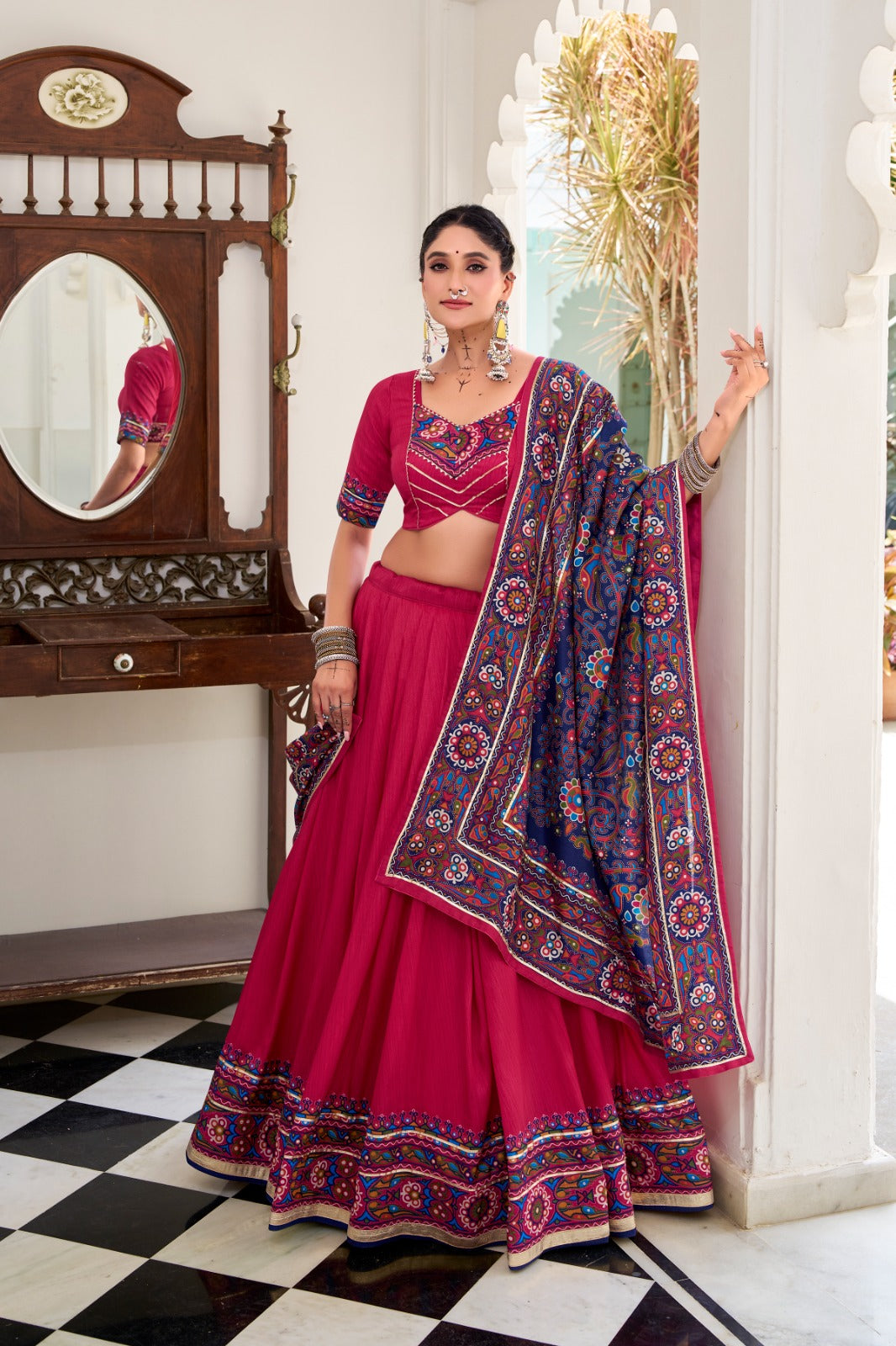 Womenline Pink Color Tussar Silk Full Stitched Navratri Lehenga Choli