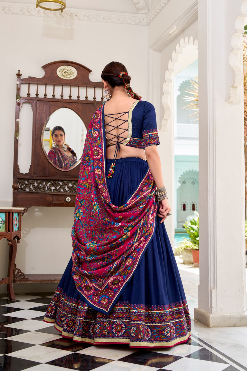 Womenline Navy Blue Color Tussar Silk Full Stitched Navratri Lehenga Choli
