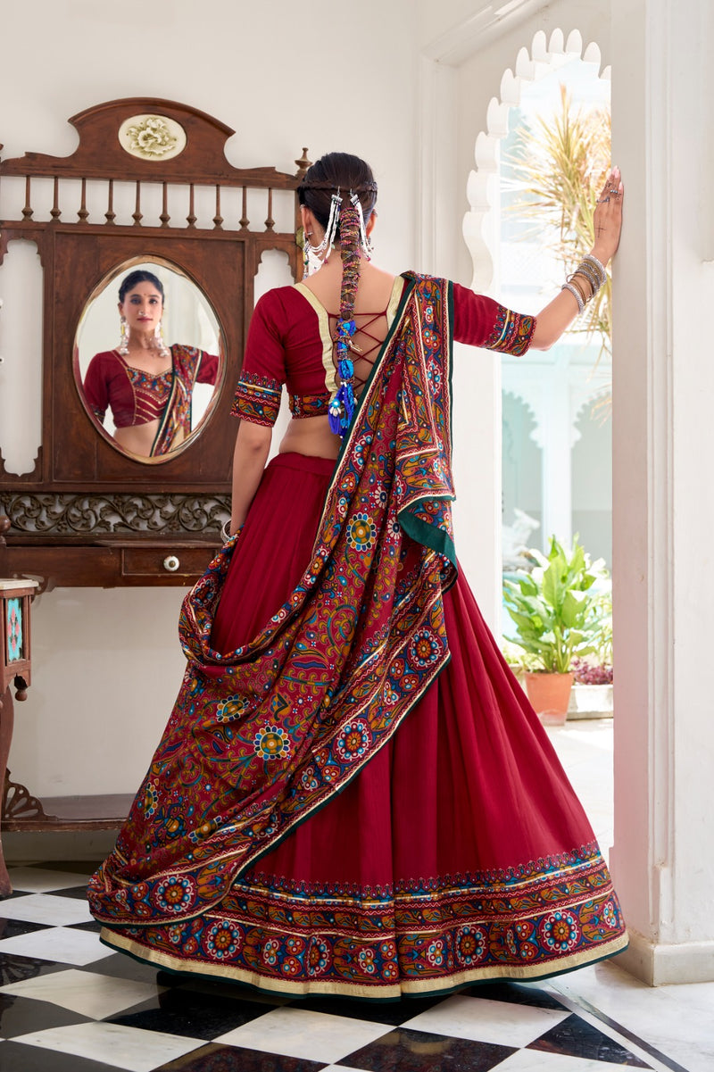 Womenline Red Color Tussar Silk Full Stitched Navratri Lehenga Choli