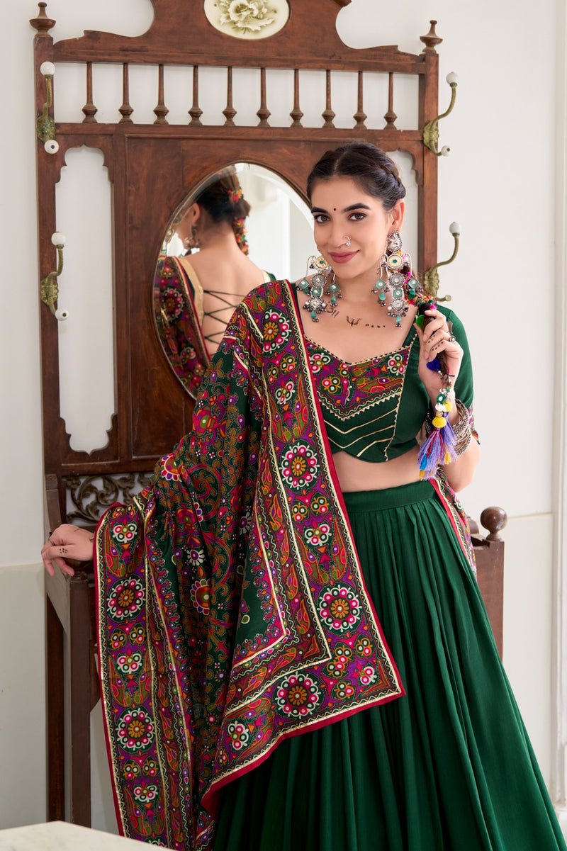 Womenline Green Color Tussar Silk Full Stitched Navratri Lehenga Choli
