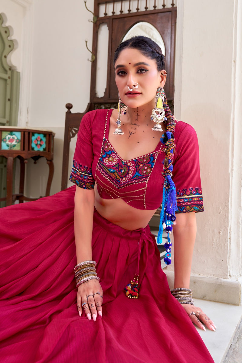 Womenline Pink Color Tussar Silk Full Stitched Navratri Lehenga Choli