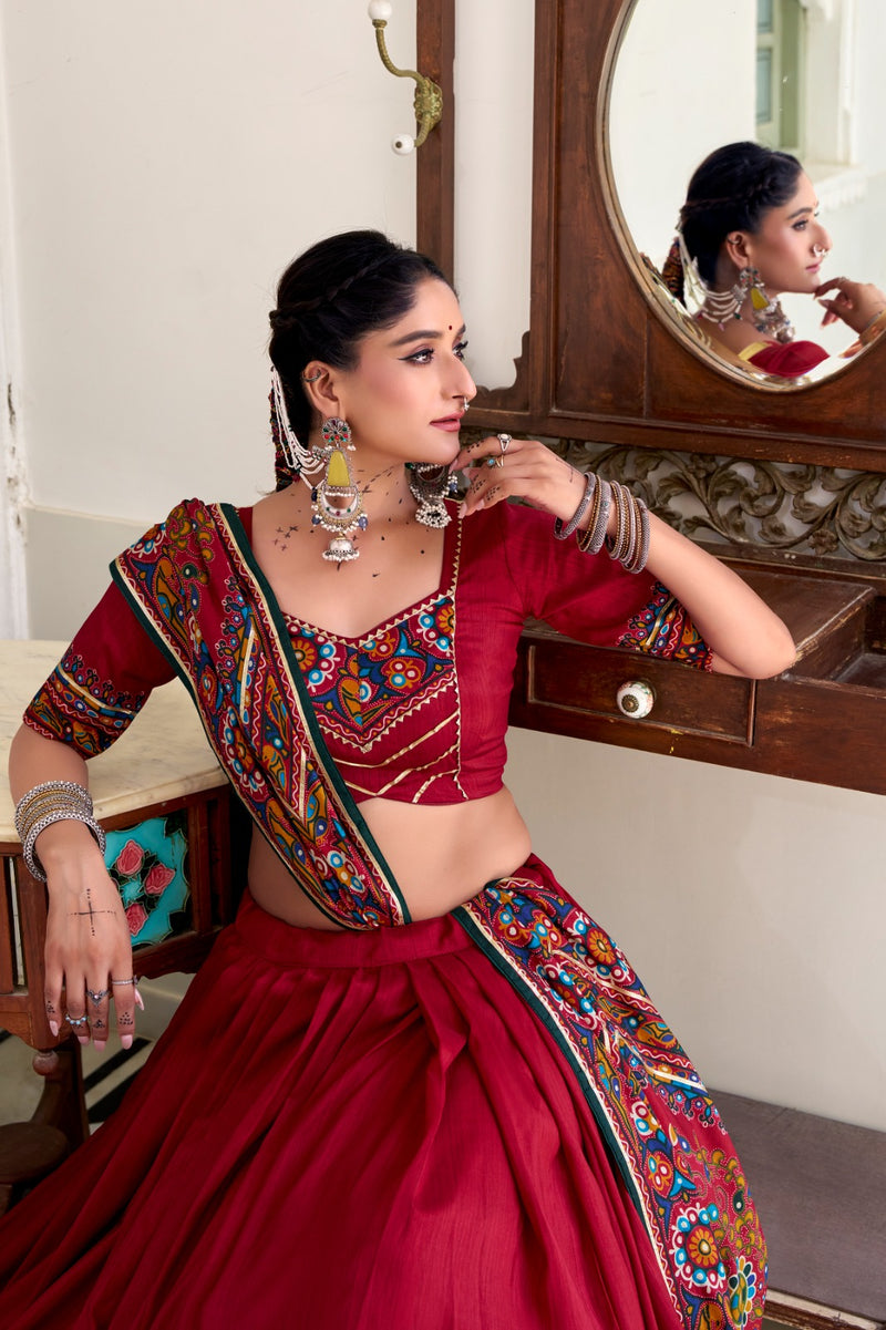 Womenline Red Color Tussar Silk Full Stitched Navratri Lehenga Choli