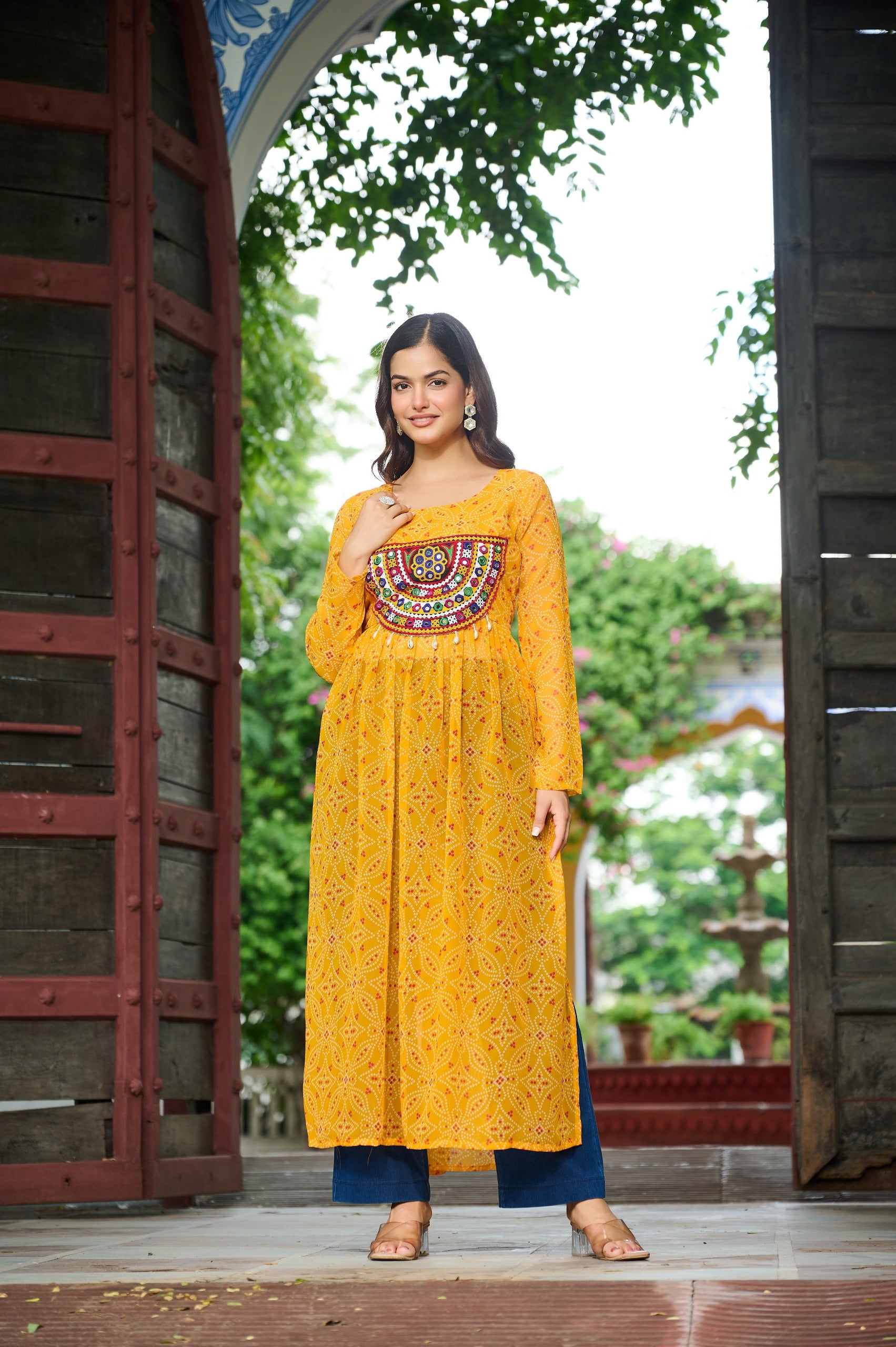 Womenline Festive Yellow Georgette Printed Kurti With Gamthi Patchwork
