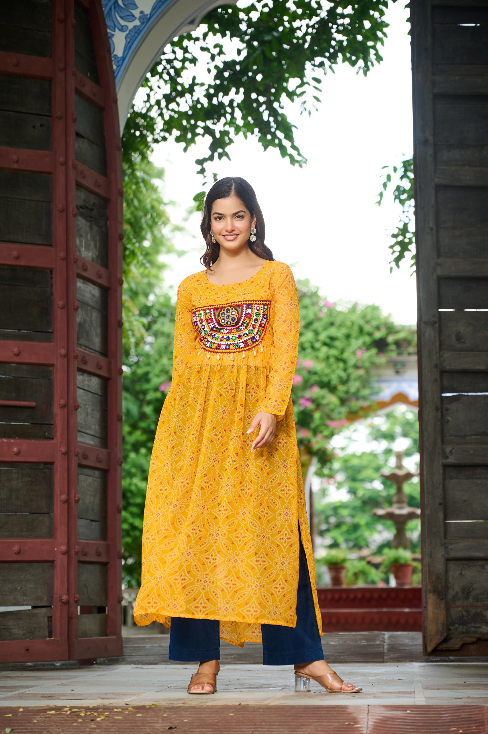 Womenline Festive Yellow Georgette Printed Kurti With Gamthi Patchwork