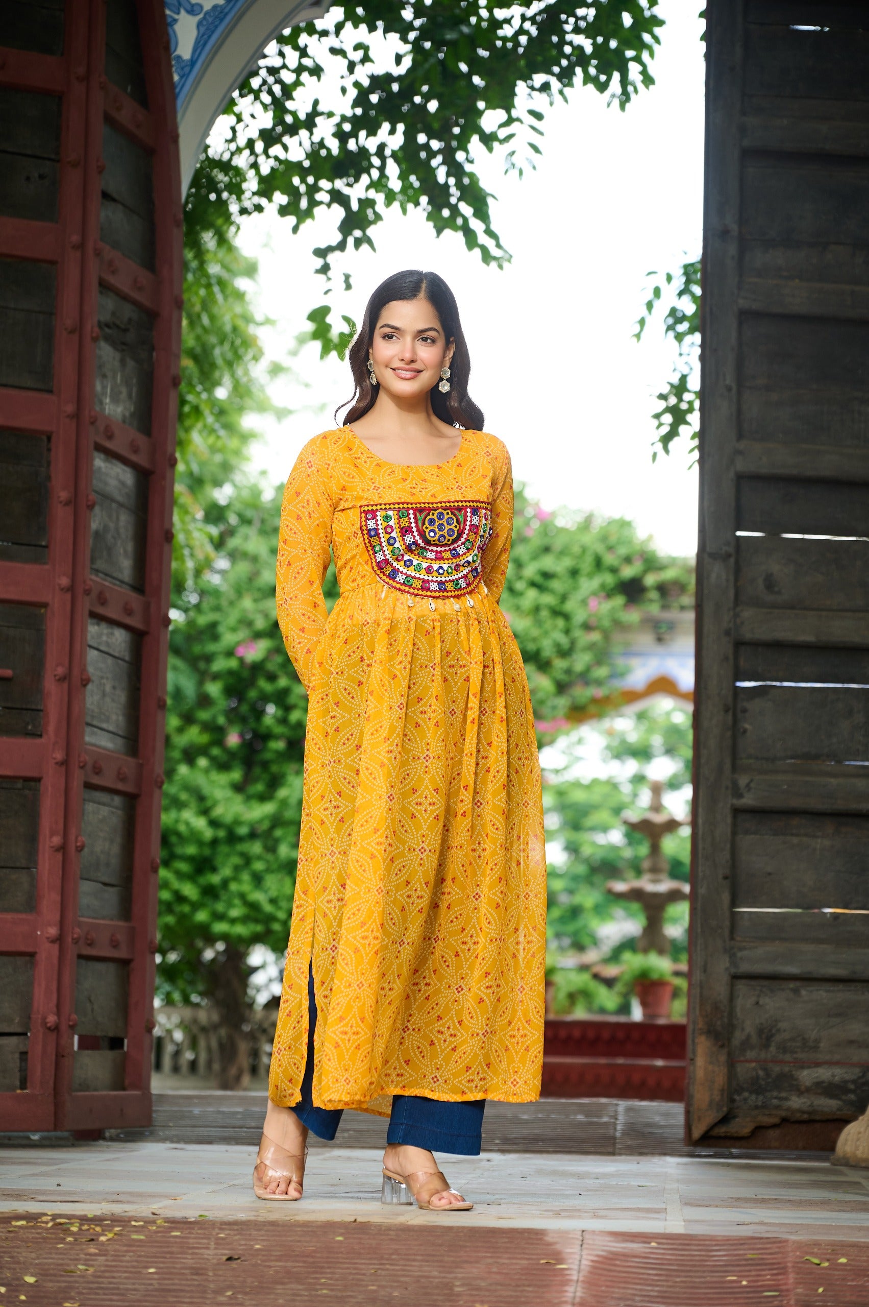 Womenline Festive Yellow Georgette Printed Kurti With Gamthi Patchwork