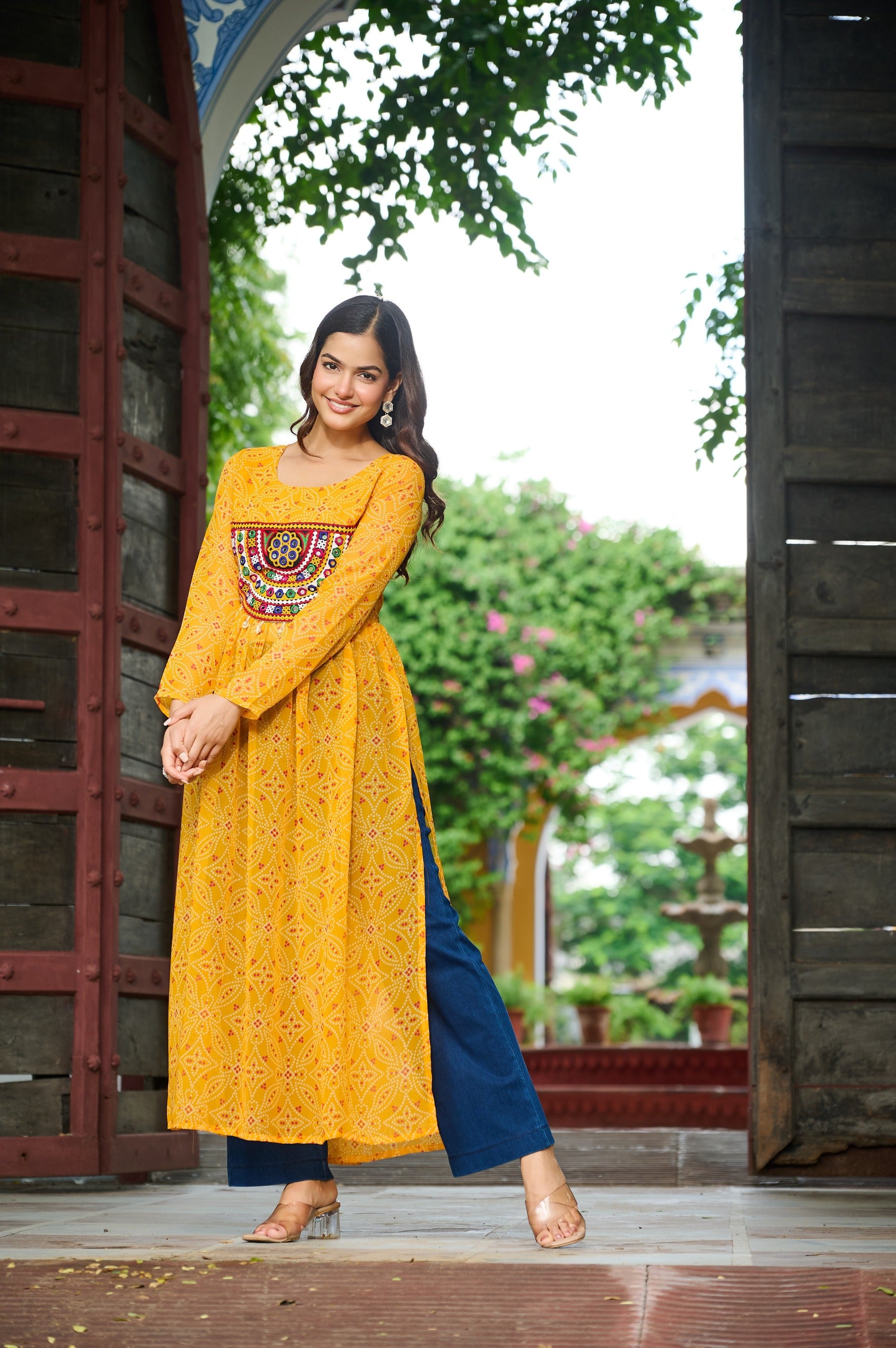 Womenline Festive Yellow Georgette Printed Kurti With Gamthi Patchwork