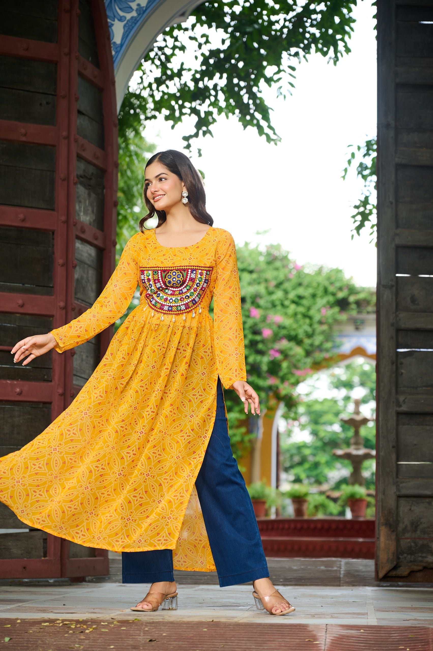 Womenline Festive Yellow Georgette Printed Kurti With Gamthi Patchwork