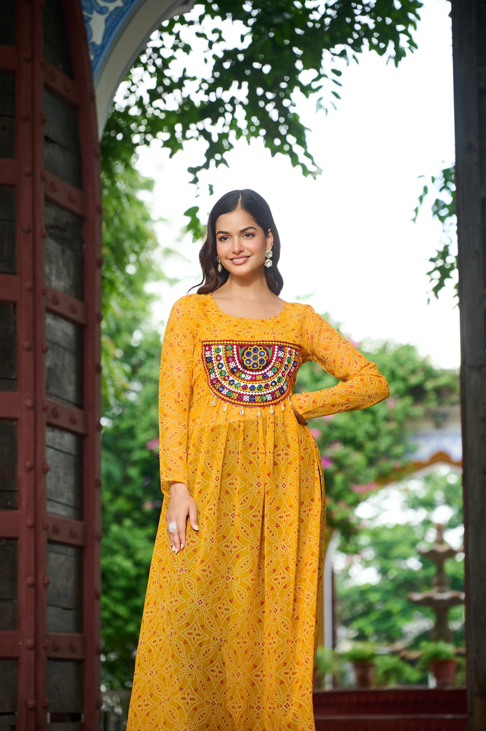 Womenline Festive Yellow Georgette Printed Kurti With Gamthi Patchwork