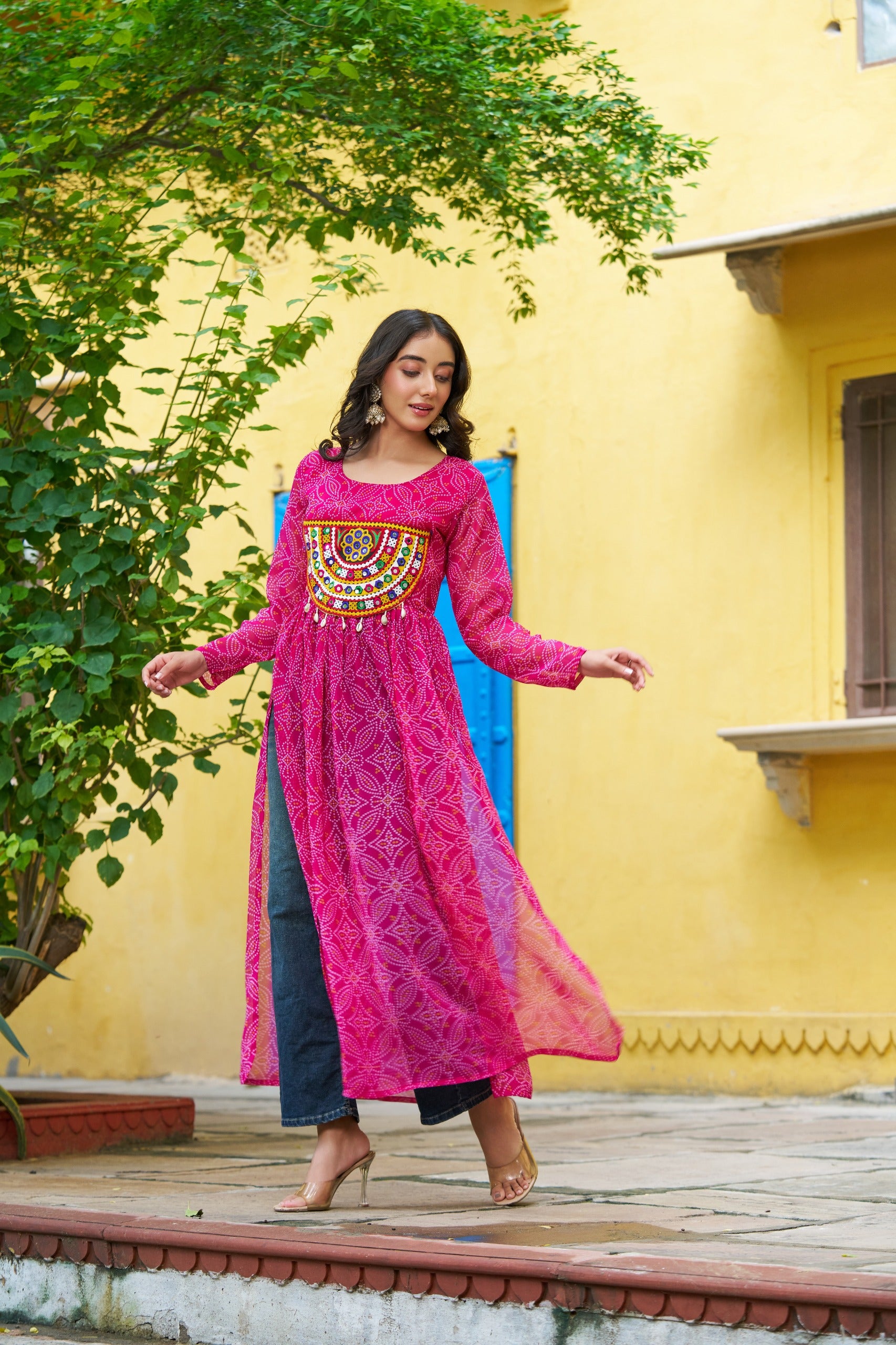 Womenline Festive Pink Georgette Printed Kurti With Gamthi Patchwork