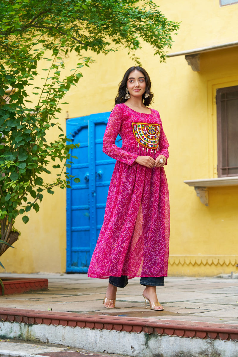 Womenline Festive Pink Georgette Printed Kurti With Gamthi Patchwork