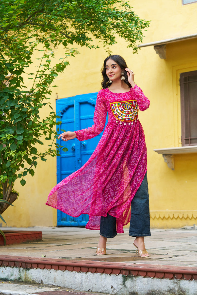 Womenline Festive Pink Georgette Printed Kurti With Gamthi Patchwork