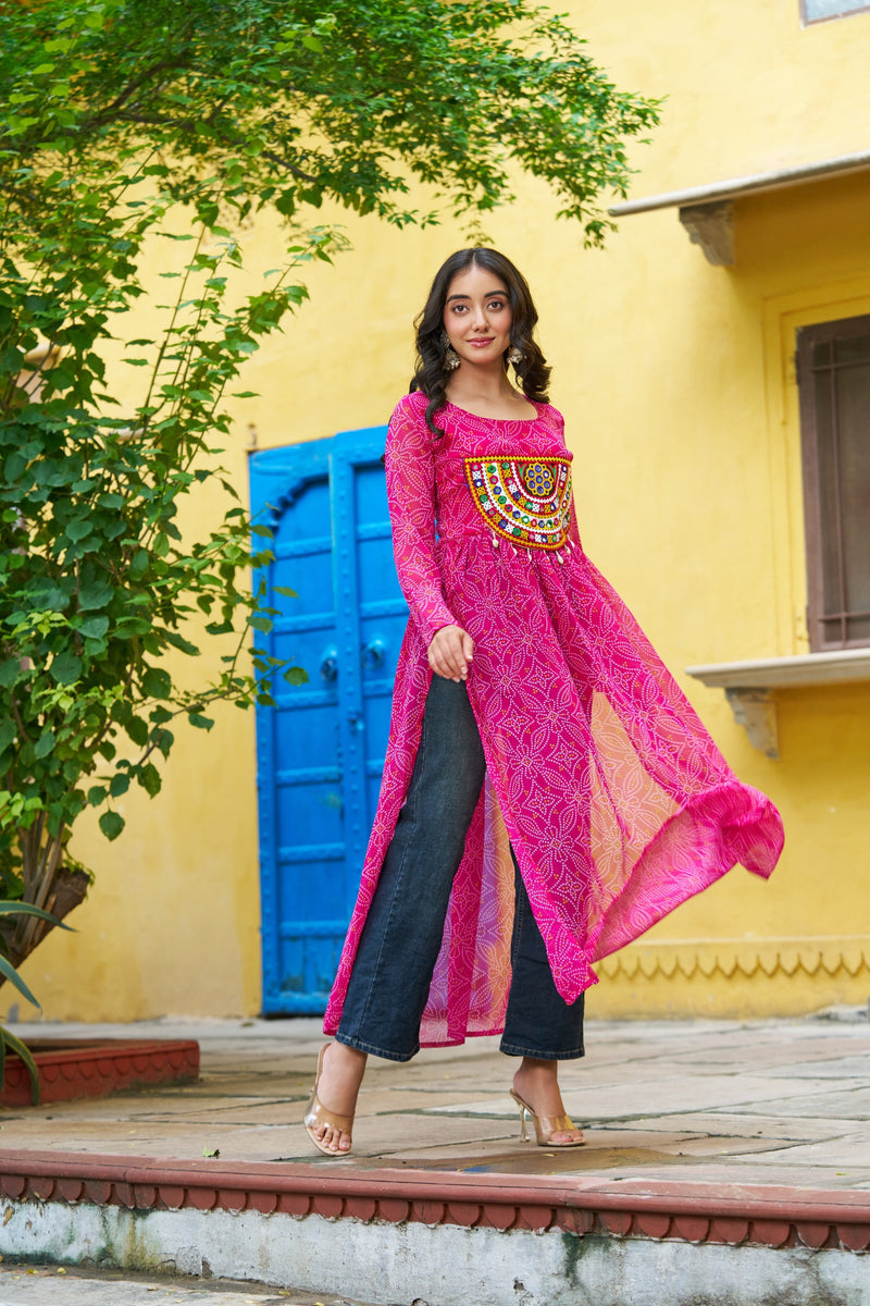 Womenline Festive Pink Georgette Printed Kurti With Gamthi Patchwork