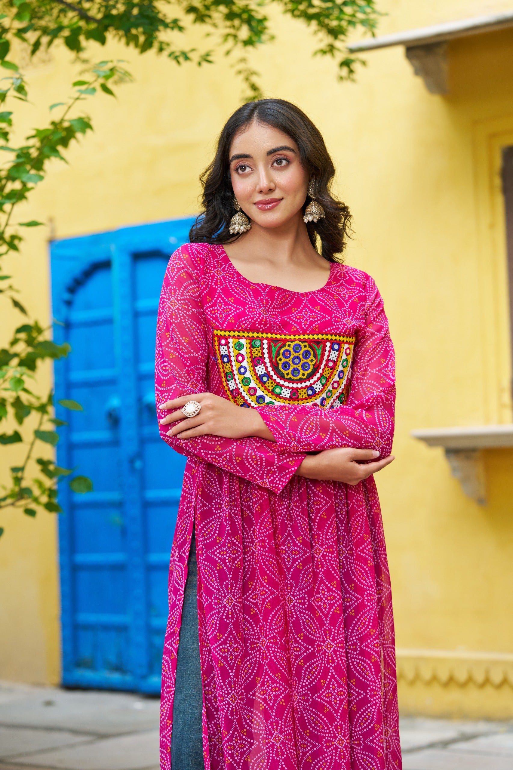 Womenline Festive Pink Georgette Printed Kurti With Gamthi Patchwork
