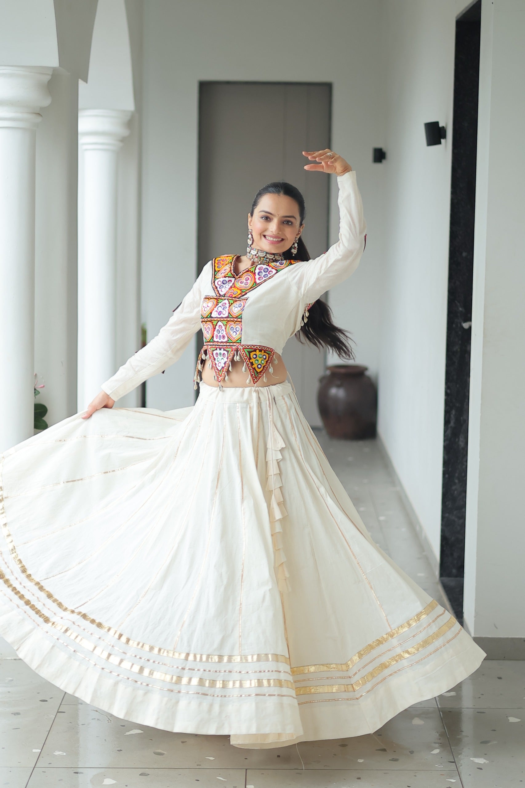 Womenline Elegant Off-White Kora Cotton Mirror Work Navratri Lehenga Choli