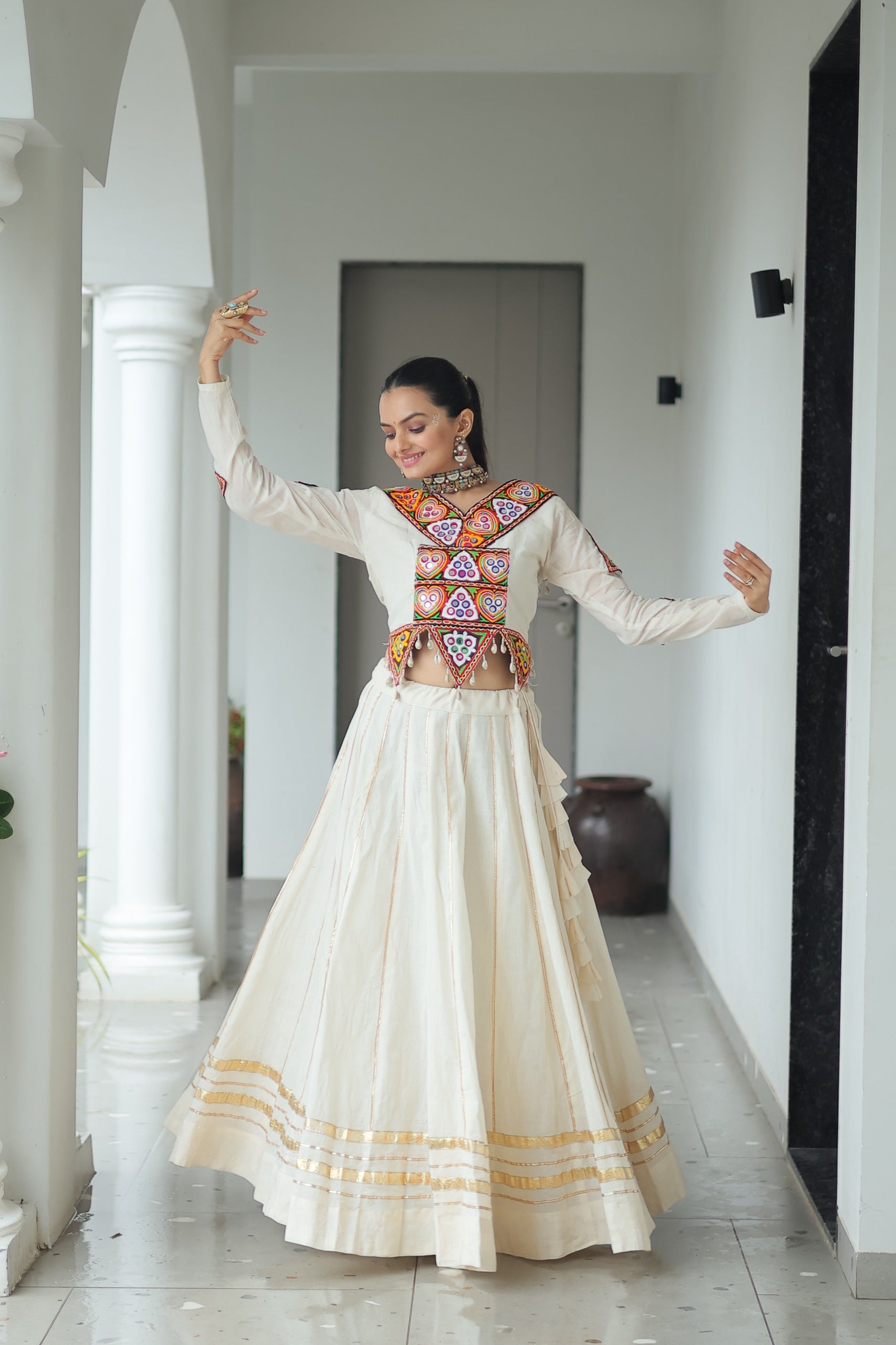 Womenline Elegant Off-White Kora Cotton Mirror Work Navratri Lehenga Choli