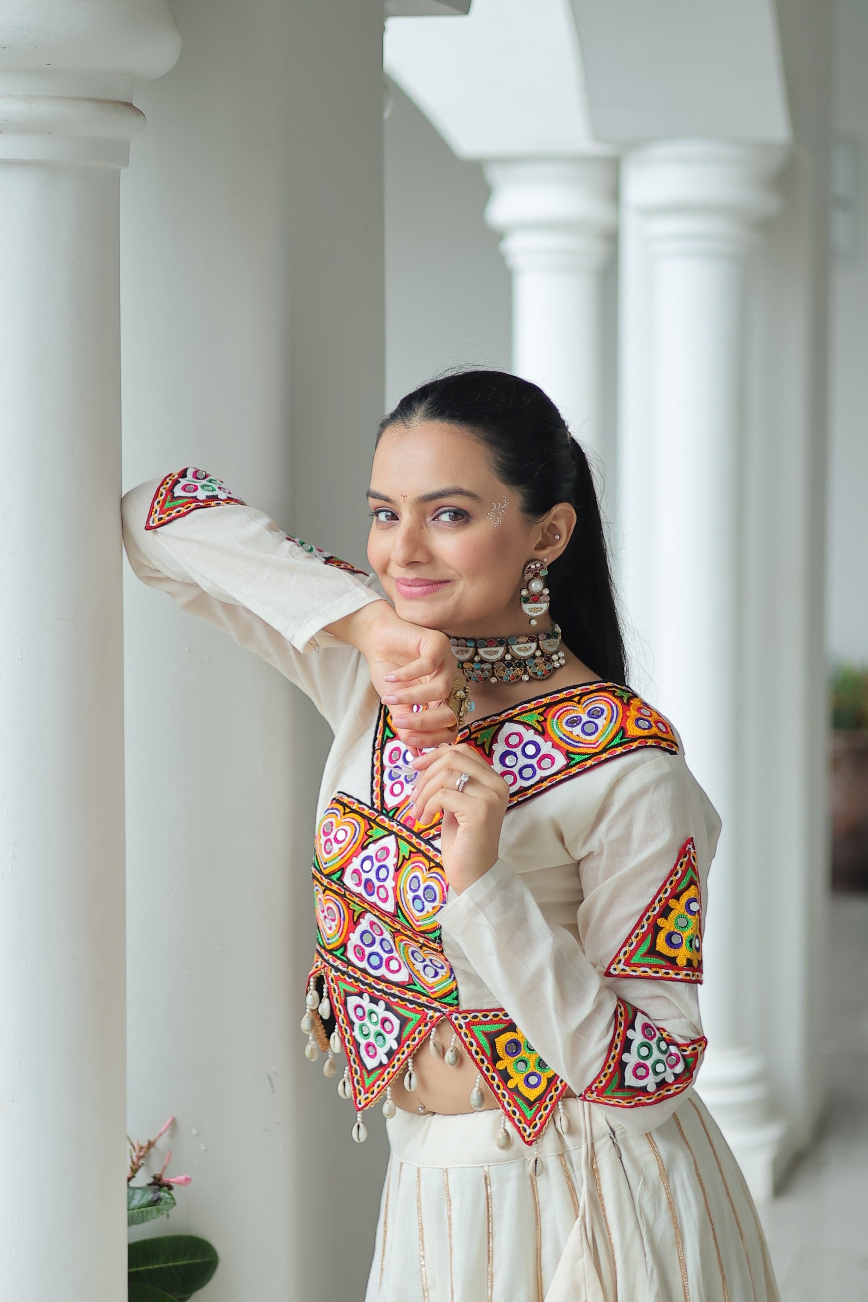 Womenline Elegant Off-White Kora Cotton Mirror Work Navratri Lehenga Choli