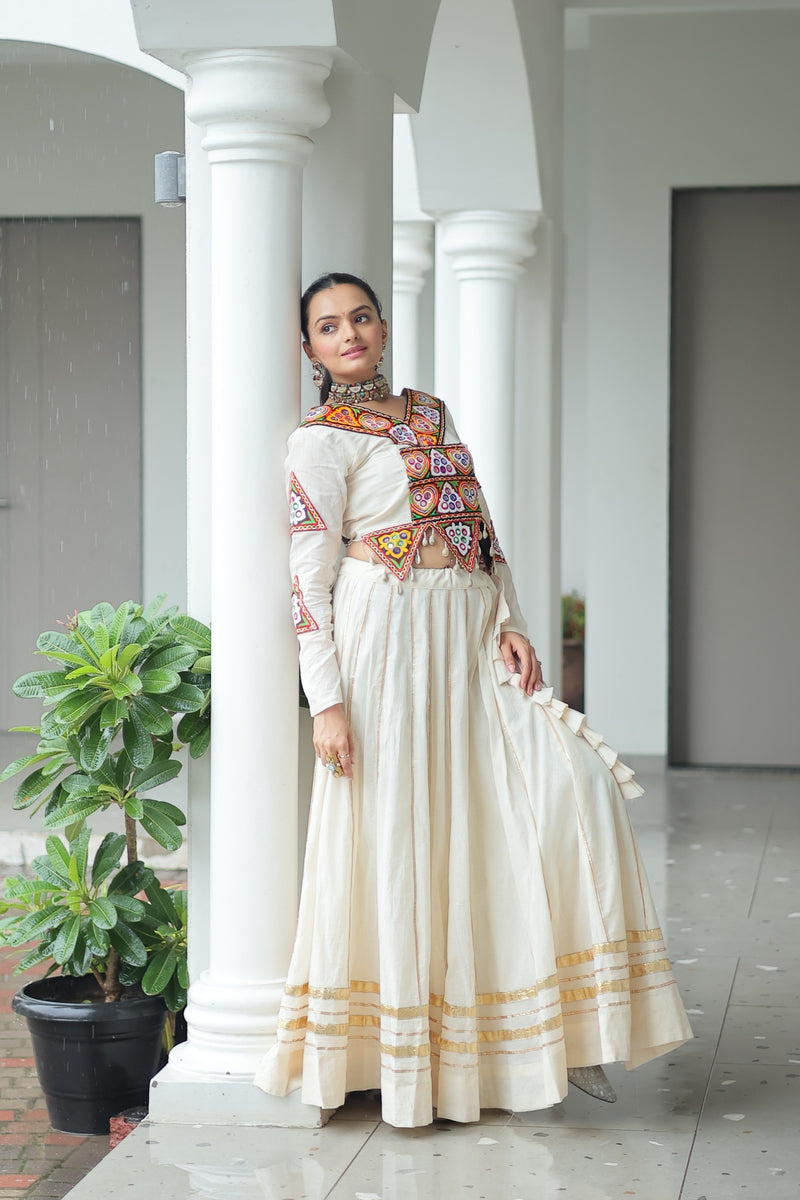 Womenline Elegant Off-White Kora Cotton Mirror Work Navratri Lehenga Choli