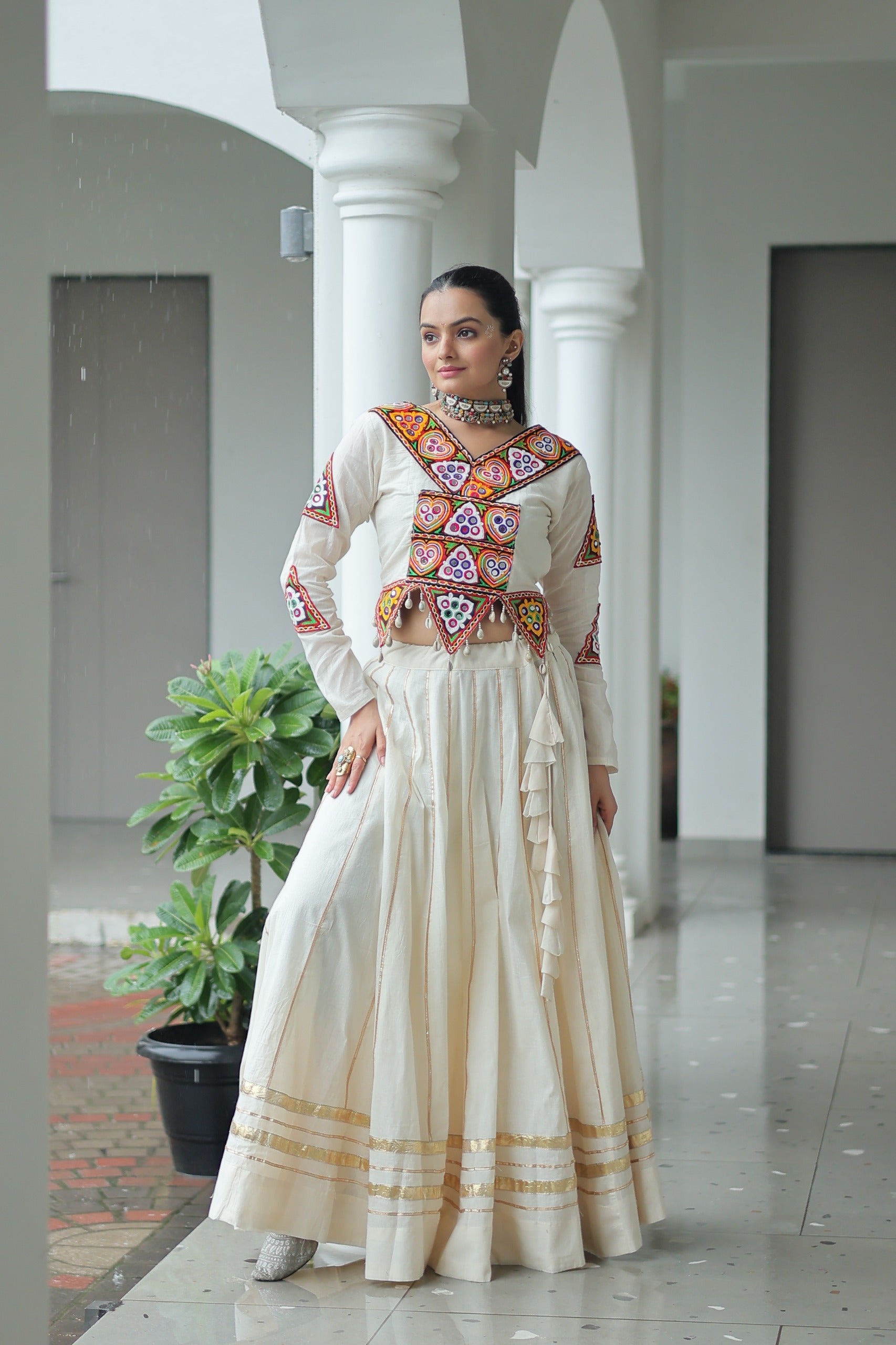 Womenline Elegant Off-White Kora Cotton Mirror Work Navratri Lehenga Choli