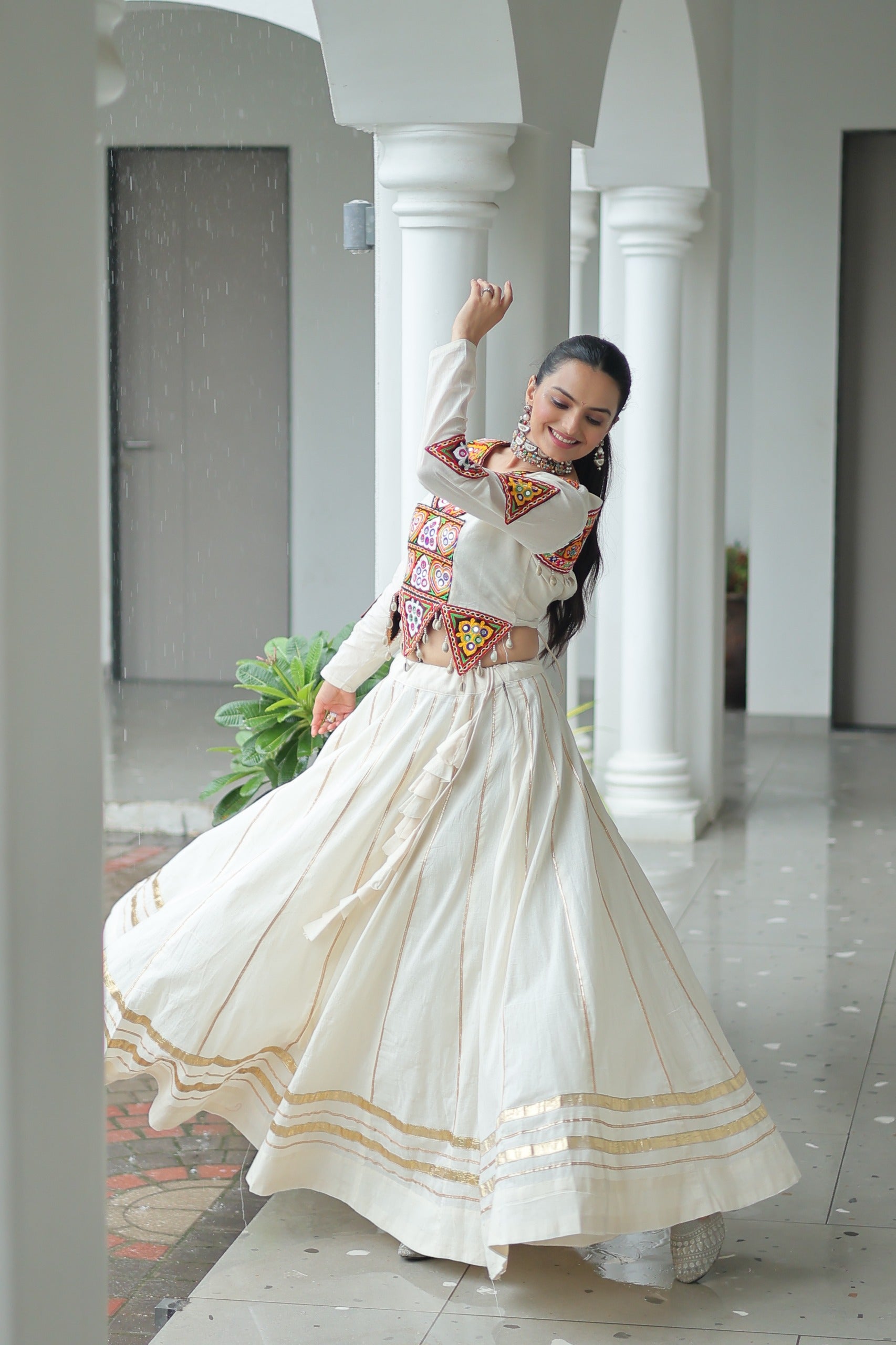 Womenline Elegant Off-White Kora Cotton Mirror Work Navratri Lehenga Choli