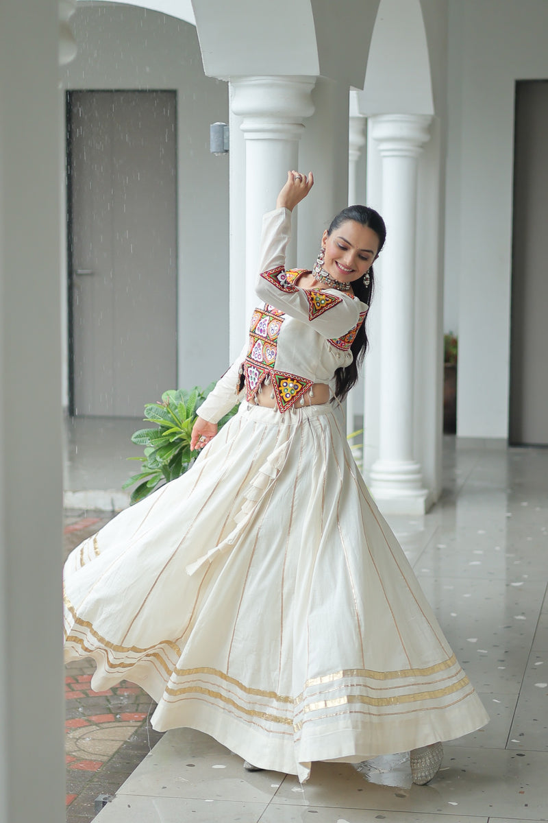 Womenline Elegant Off-White Kora Cotton Mirror Work Navratri Lehenga Choli