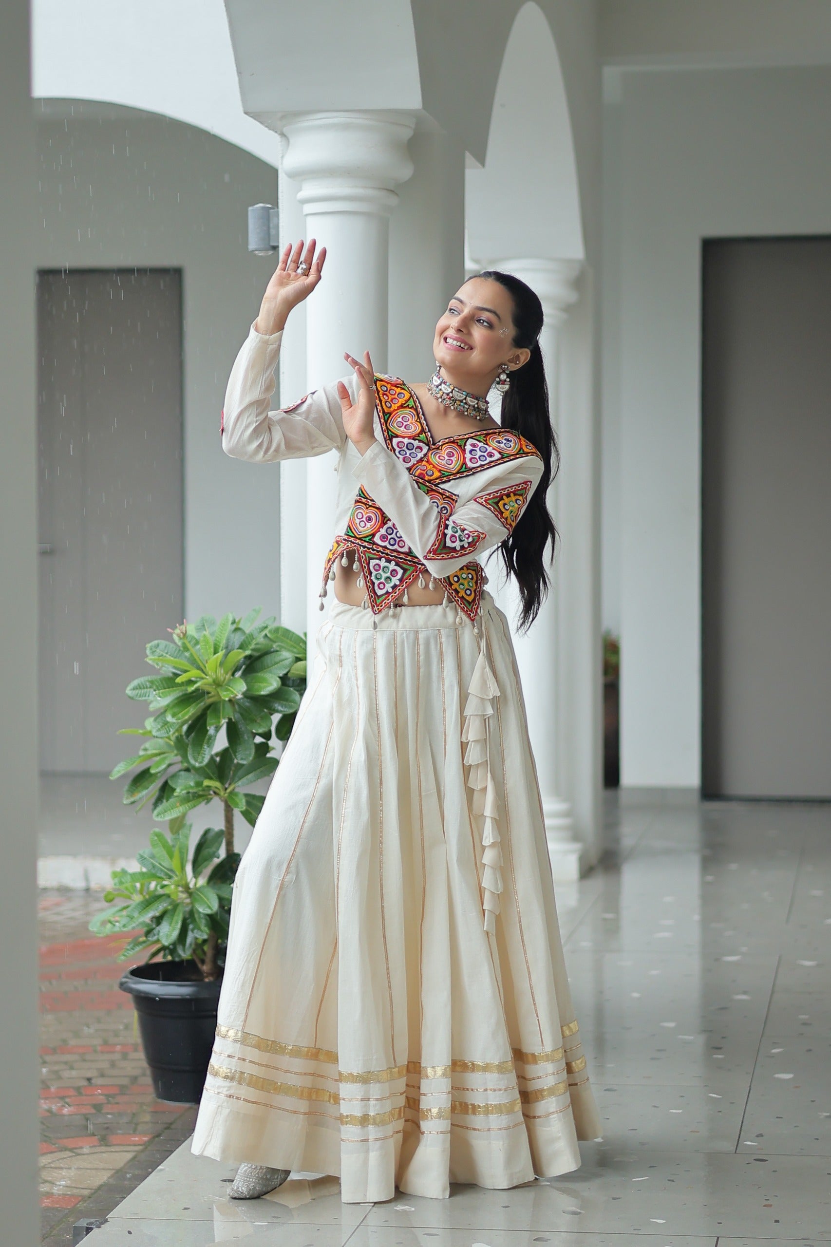 Womenline Elegant Off-White Kora Cotton Mirror Work Navratri Lehenga Choli