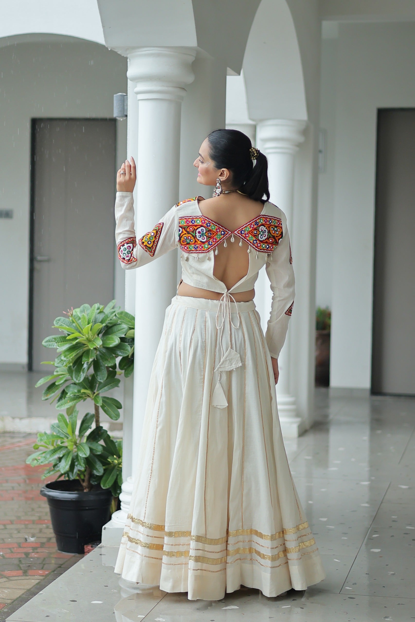 Womenline Elegant Off-White Kora Cotton Mirror Work Navratri Lehenga Choli