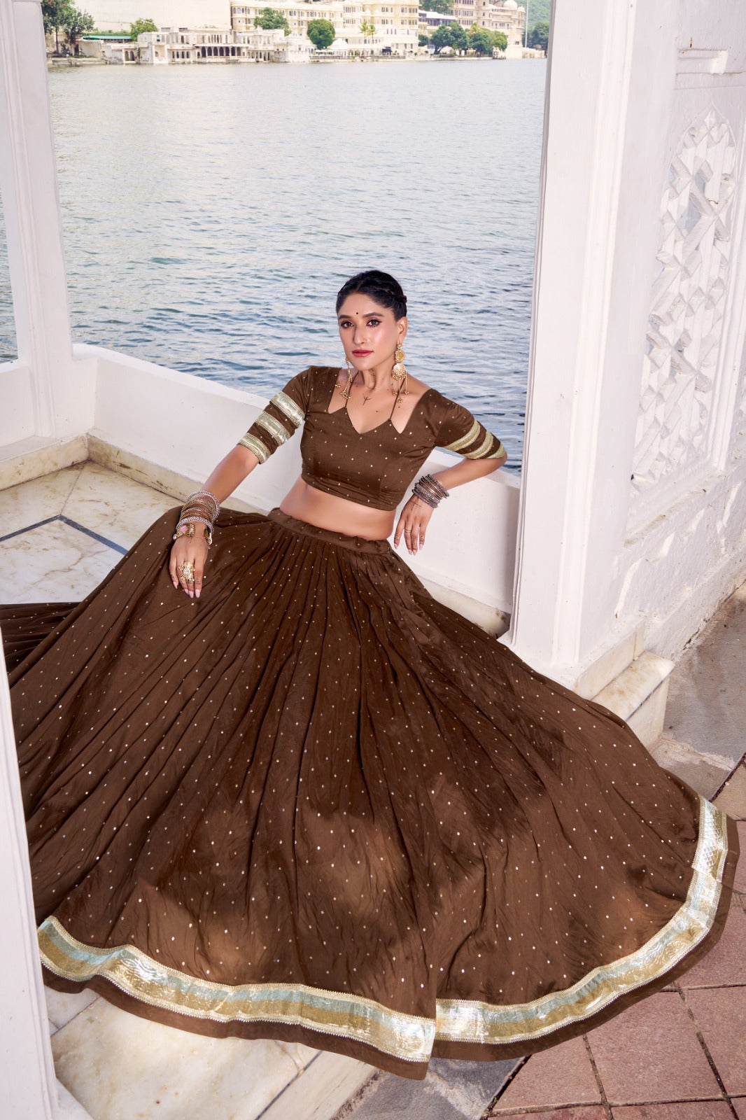 Womenline Classic Brown Color Pure Chanderi Navratri Lehenga Choli