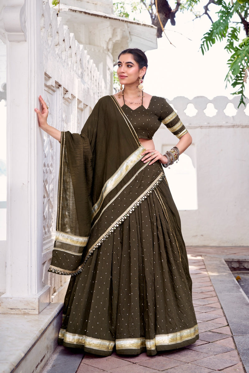 Womenline Classic Mehndi Color Pure Chanderi Navratri Lehenga Choli
