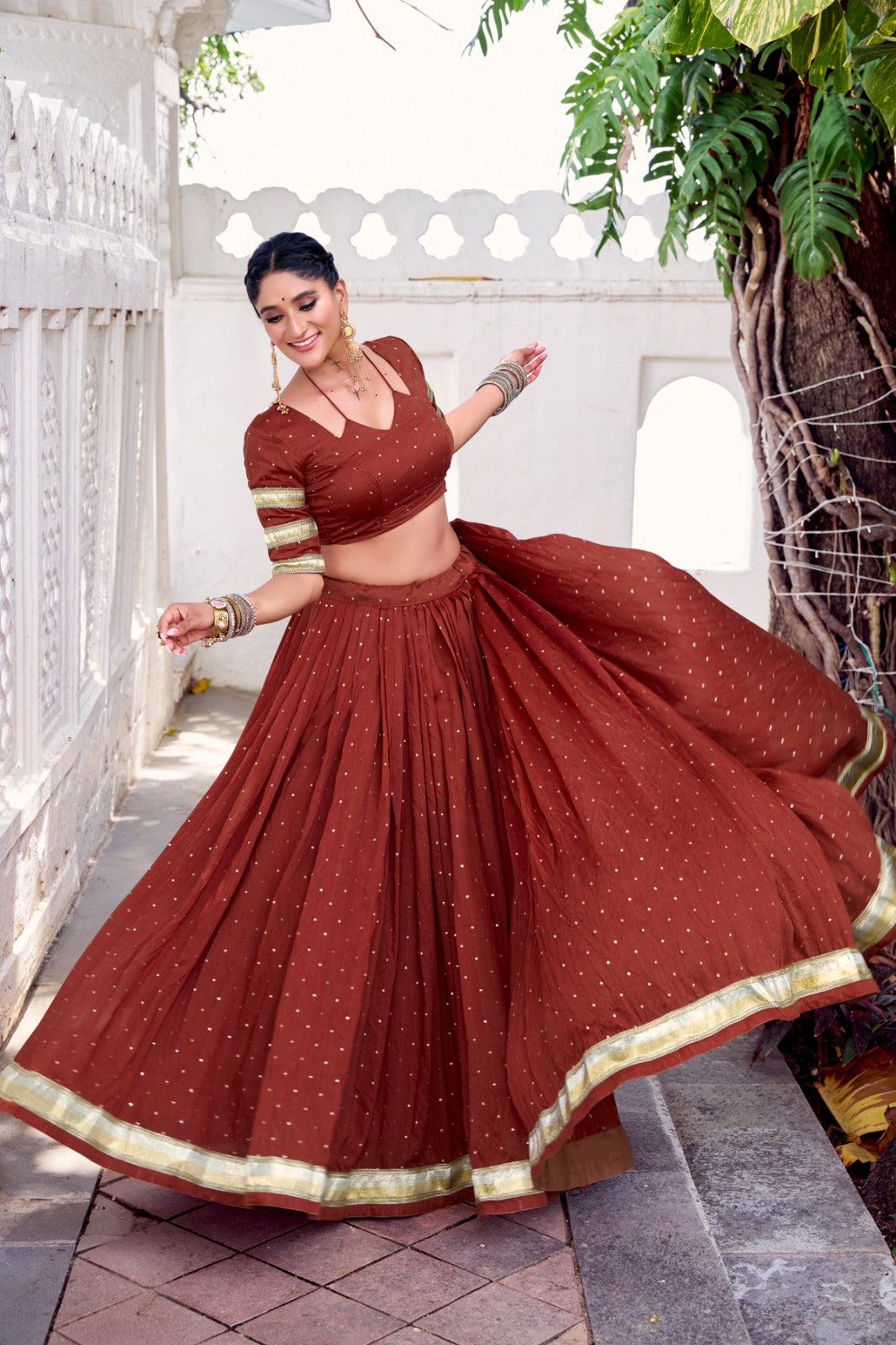 Womenline Classic Rust Orange Color Pure Chanderi Navratri Lehenga Choli