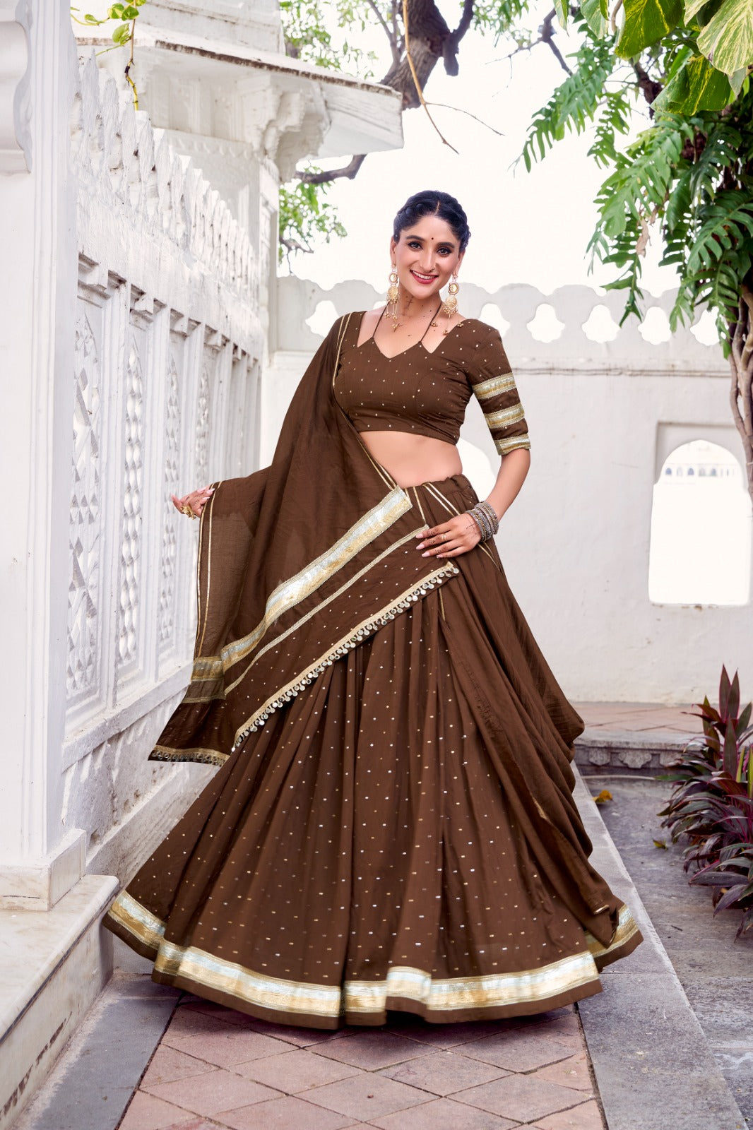 Womenline Classic Brown Color Pure Chanderi Navratri Lehenga Choli
