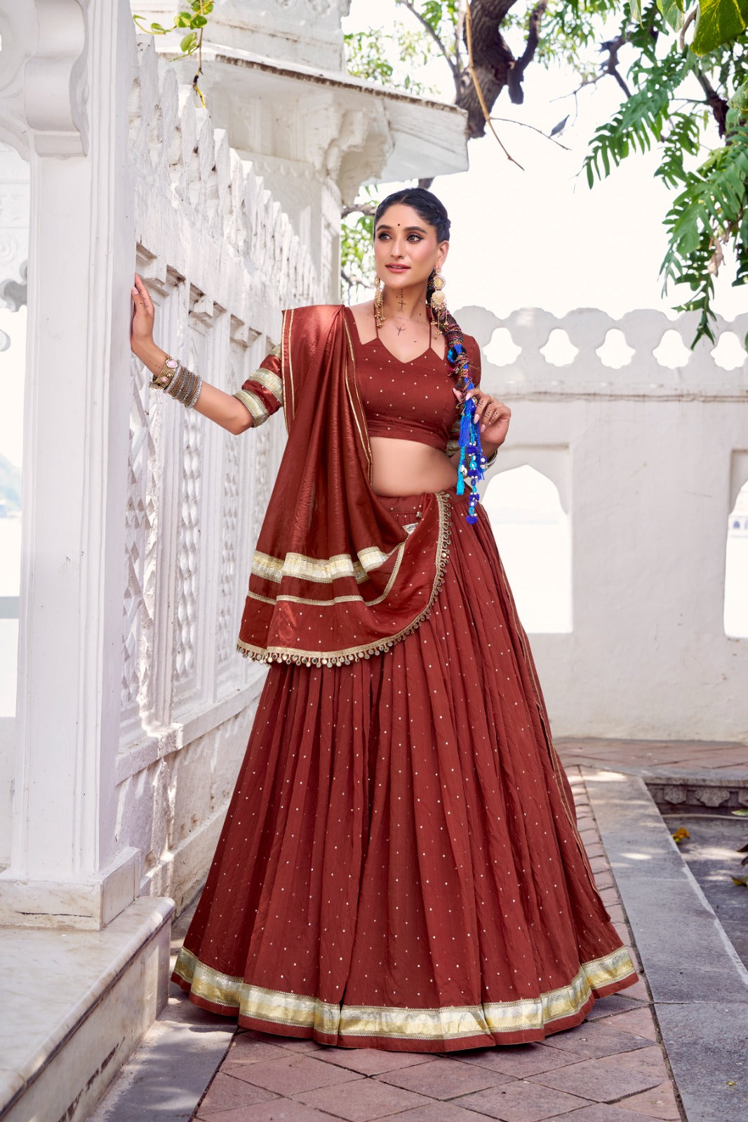 Womenline Classic Rust Orange Color Pure Chanderi Navratri Lehenga Choli