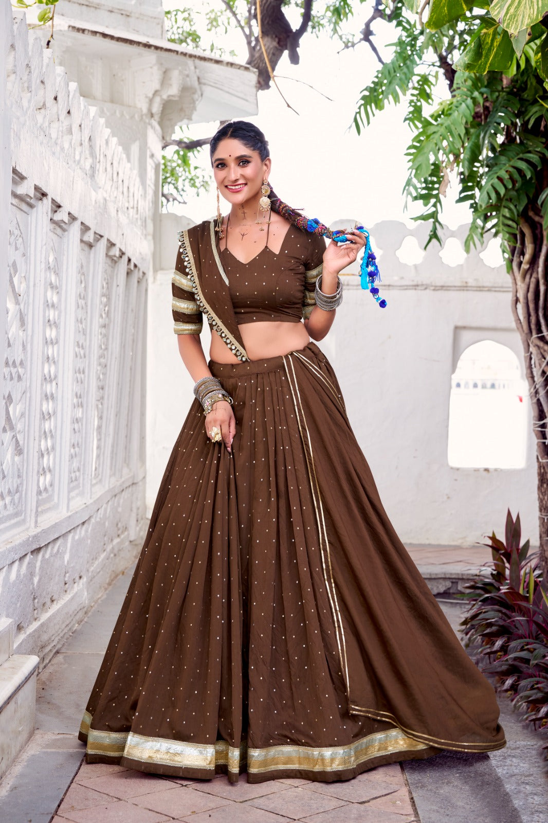 Womenline Classic Brown Color Pure Chanderi Navratri Lehenga Choli