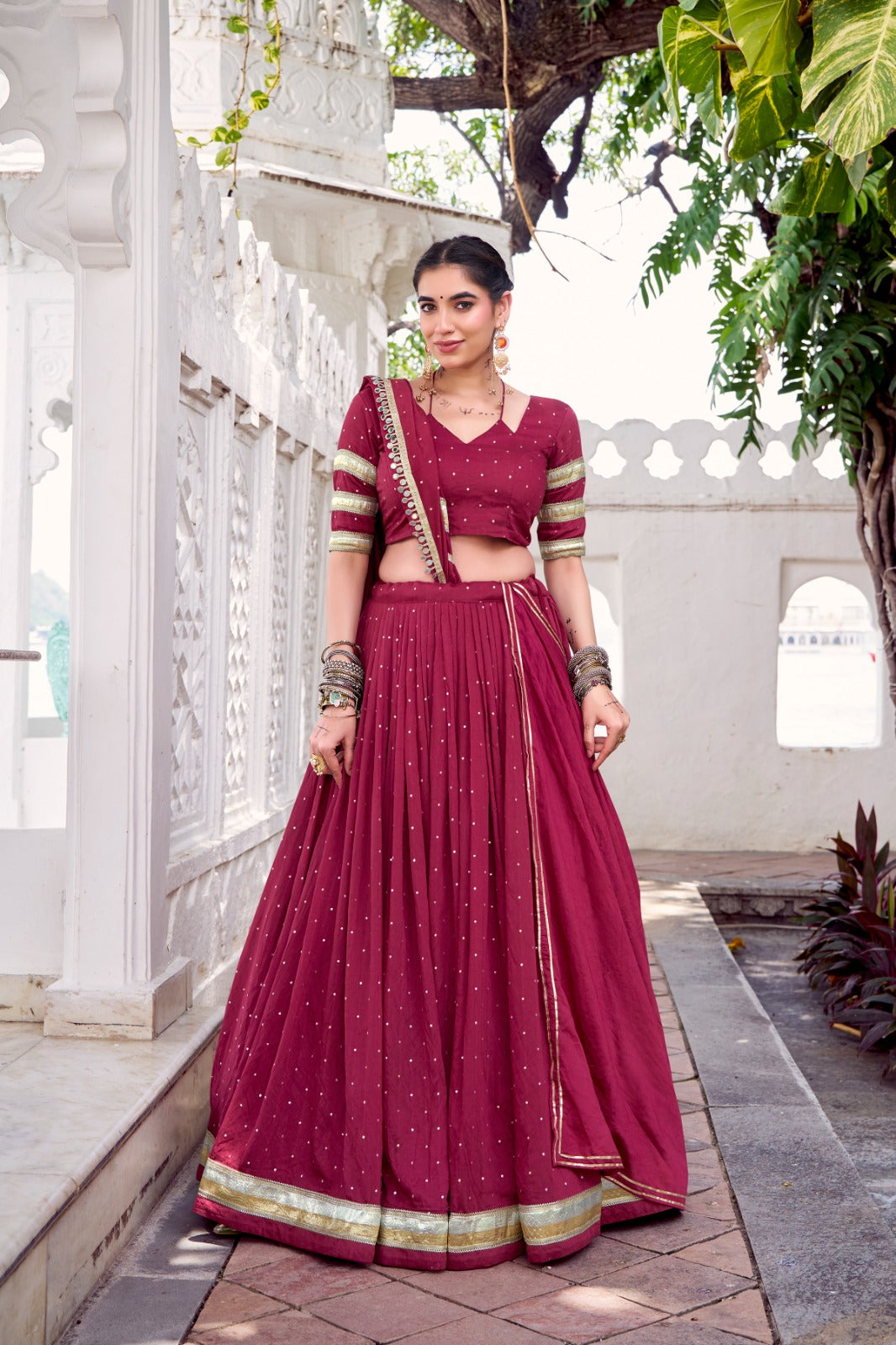 Womenline Classic Maroon Color Pure Chanderi Navratri Lehenga Choli