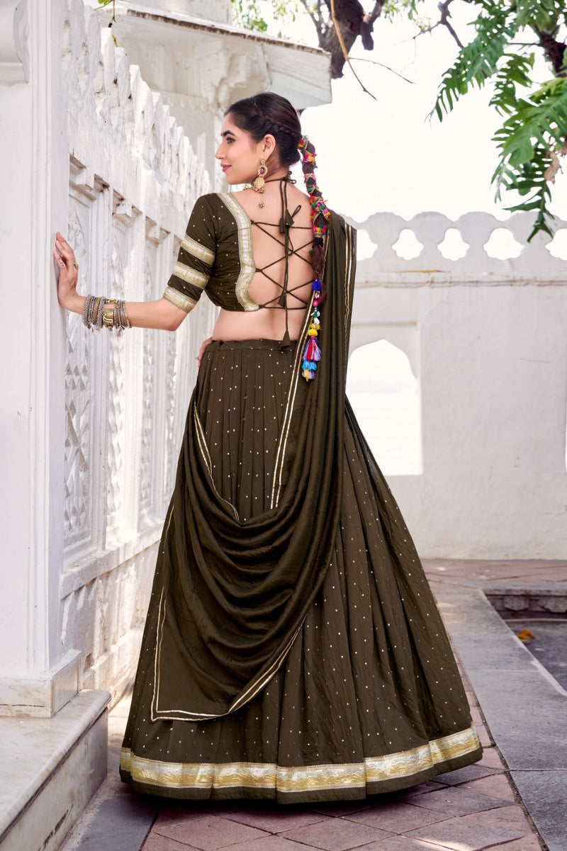 Womenline Classic Mehndi Color Pure Chanderi Navratri Lehenga Choli