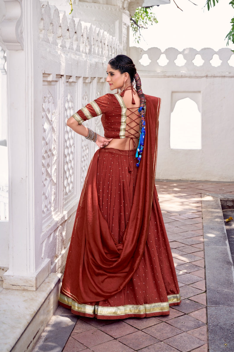 Womenline Classic Rust Orange Color Pure Chanderi Navratri Lehenga Choli