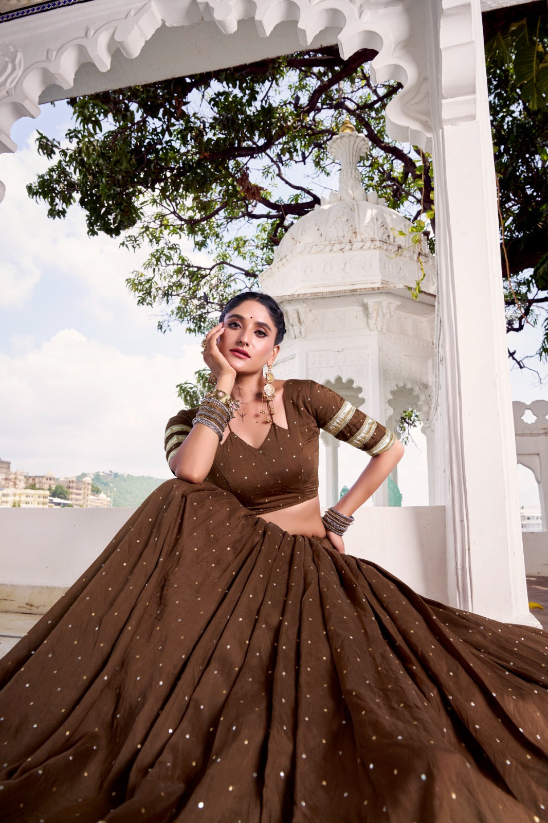 Womenline Classic Brown Color Pure Chanderi Navratri Lehenga Choli