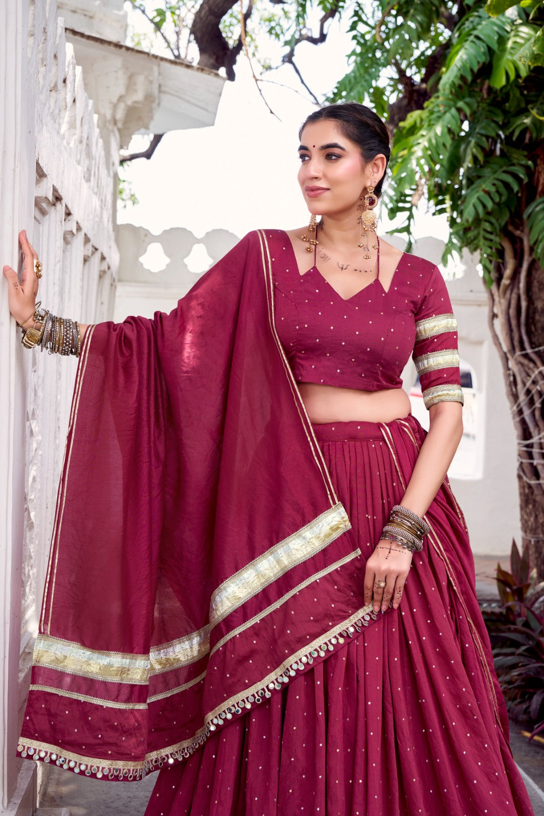 Womenline Classic Maroon Color Pure Chanderi Navratri Lehenga Choli