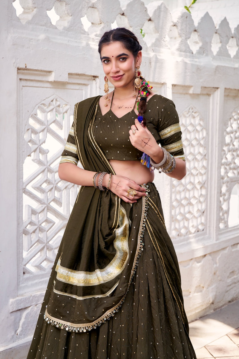Womenline Classic Mehndi Color Pure Chanderi Navratri Lehenga Choli