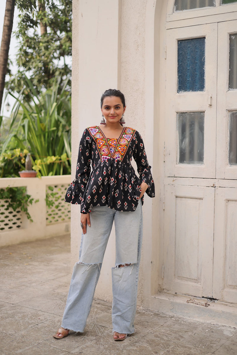 Womenline Black Color Cotton Printed Navratri Kediya