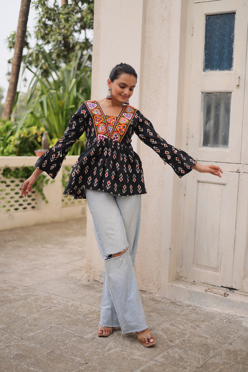 Womenline Black Color Cotton Printed Navratri Kediya