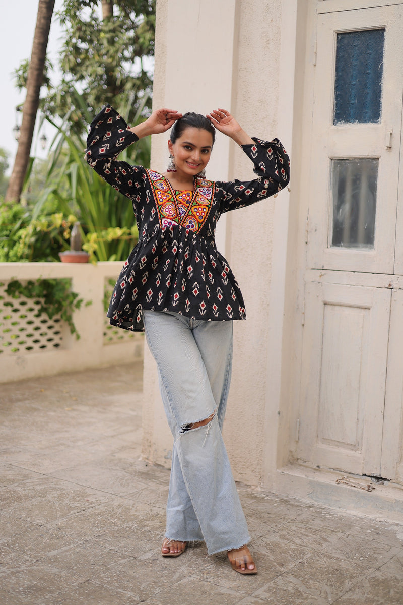 Womenline Black Color Cotton Printed Navratri Kediya
