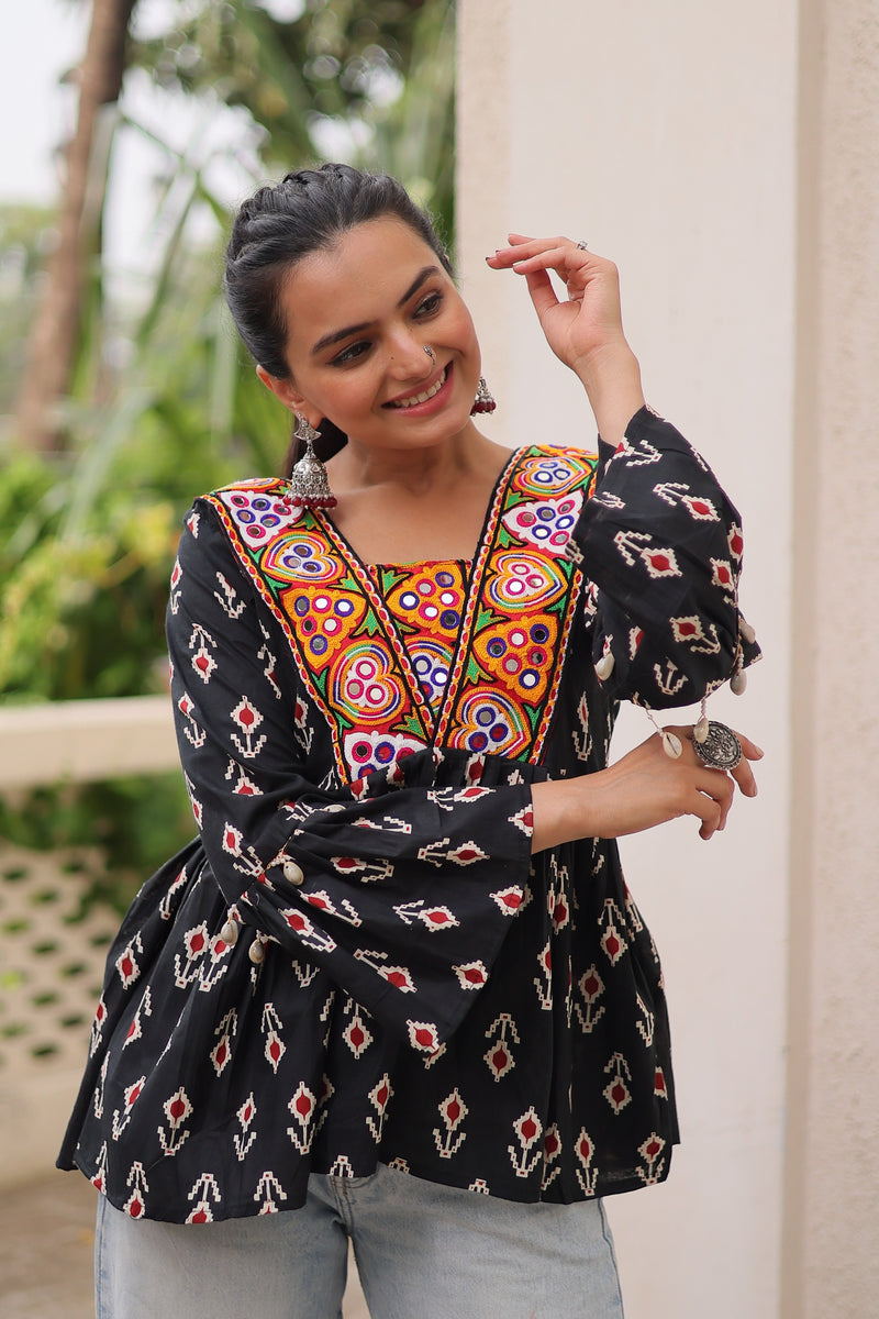 Womenline Black Color Cotton Printed Navratri Kediya