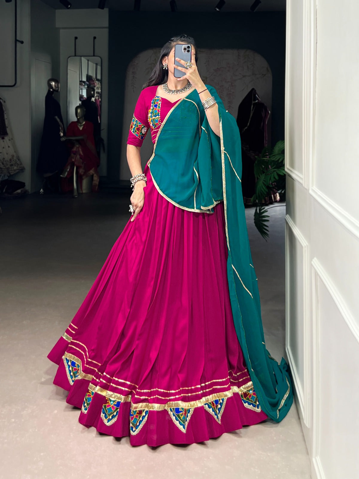 Womenline Elegant Pink Color Rayon Lehenga Choli With Colorful Gamthi Patch