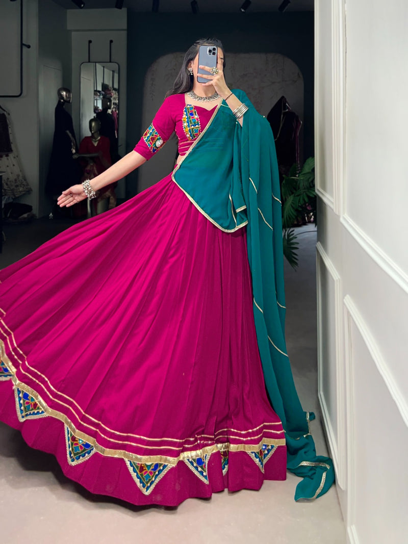 Womenline Elegant Pink Color Rayon Lehenga Choli With Colorful Gamthi Patch